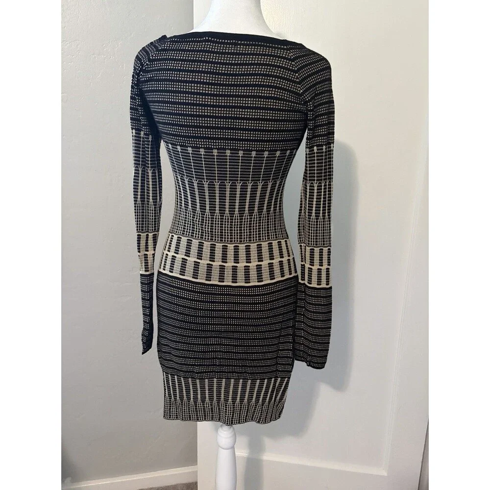 MAX STUDIO Knit Sweater Bodycon Dress XS Black Beige Mini Boat Neck Art Deco